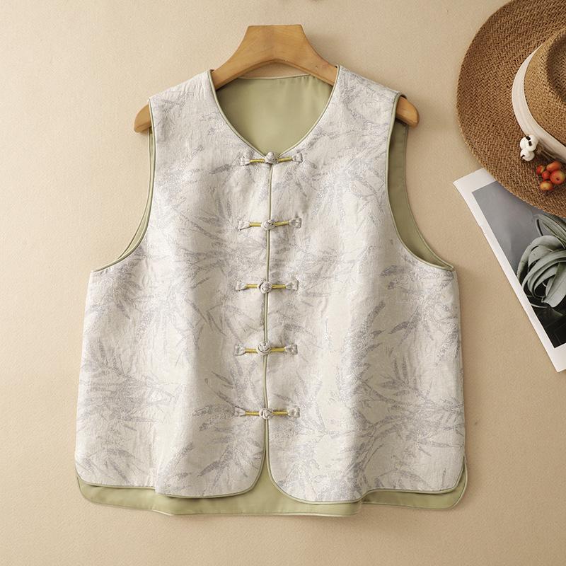 High-End Zen Style Women's Chinese Vest - Autumn Lightweight, Plus Size, Frog Button Design