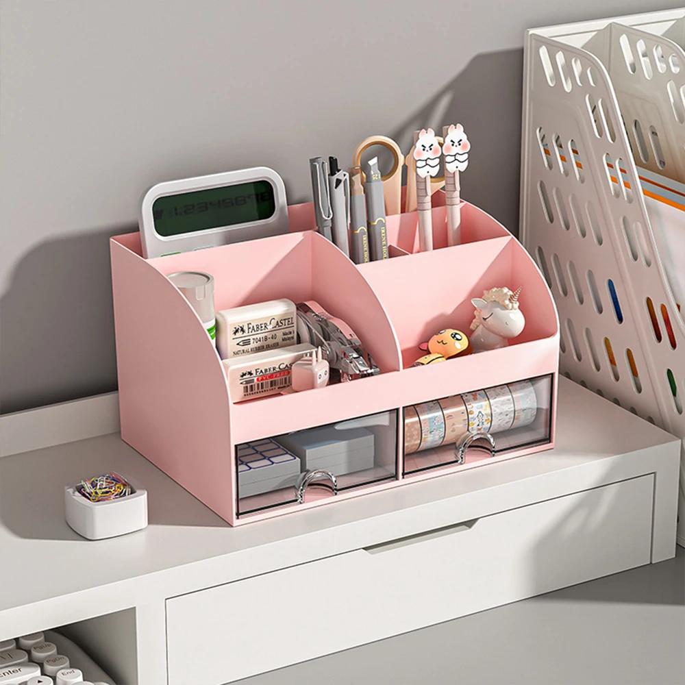 Desktop Storage Box Pen Holder Stationery Cosmetics Lipstick Organizer 6 Grids With Drawer Desk Storage Organizer Home Office