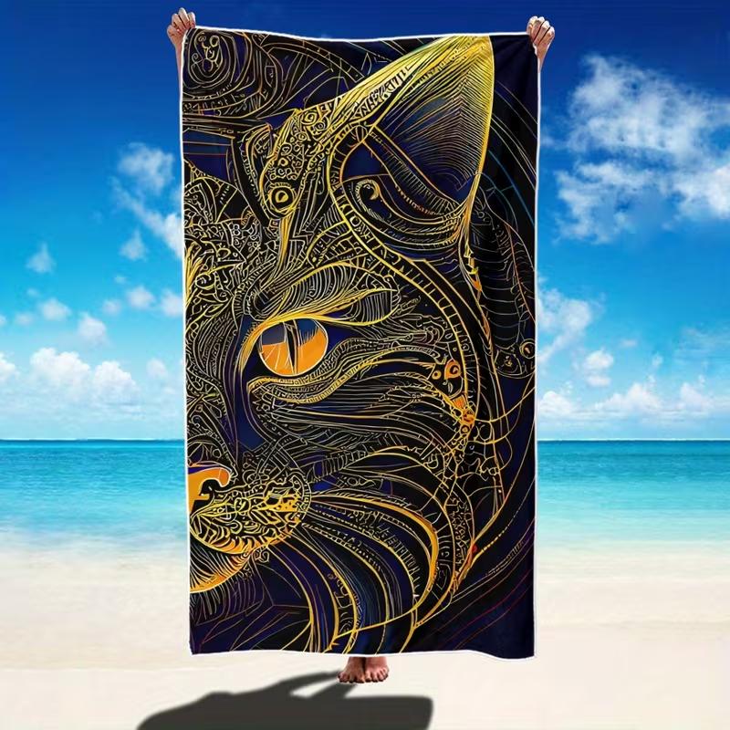 Egyptian Cat Print Beach Towel Black Cat Ethnic Print Quick Dry Sandproof Absorbent Towel for Summer Beach Travel Vacation
