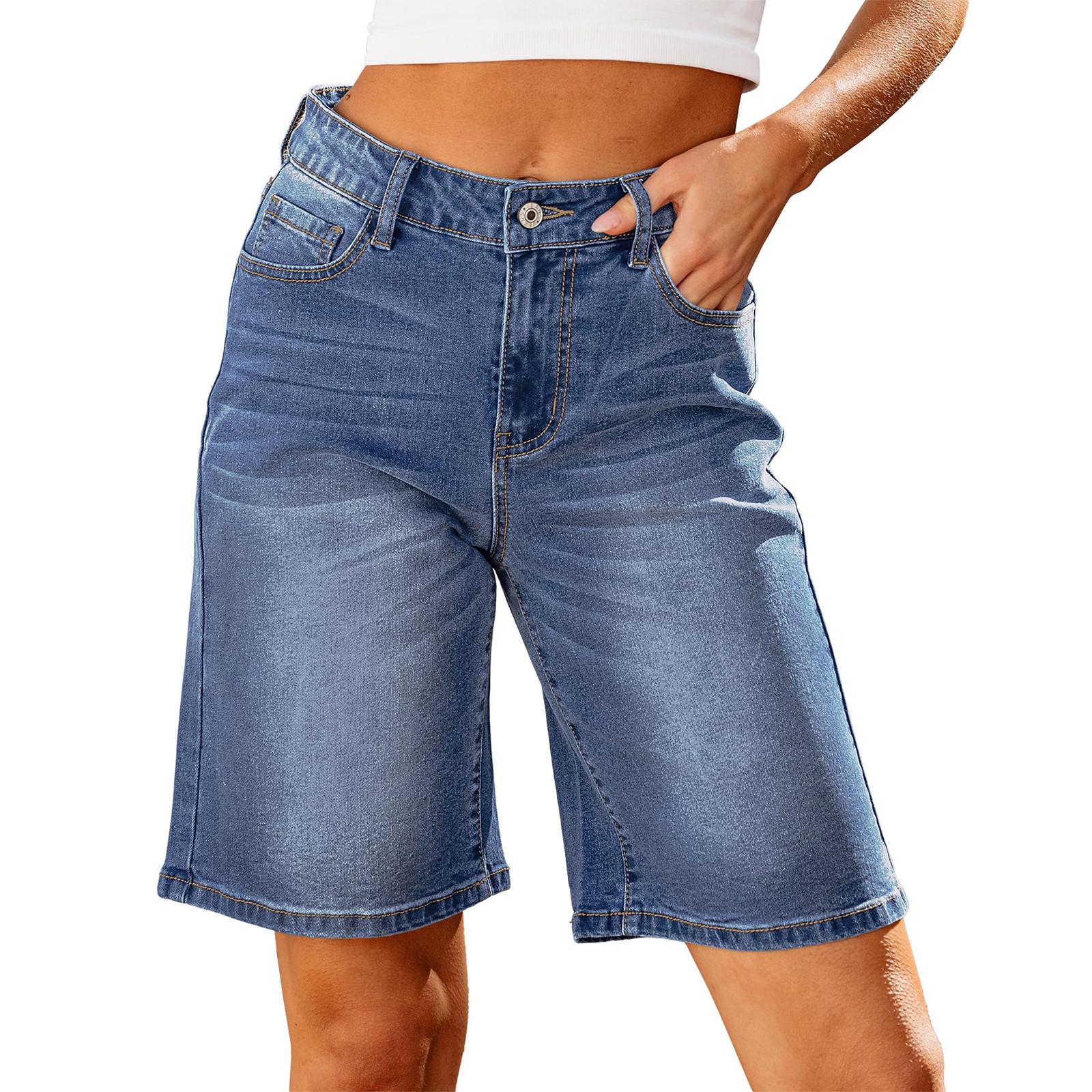 

Шорты-бермуды из джинсовой ткани для женщин с высокой талией, модные эластичные джинсовые шорты длиной до колена, свободный крой, длинные шорты S синий