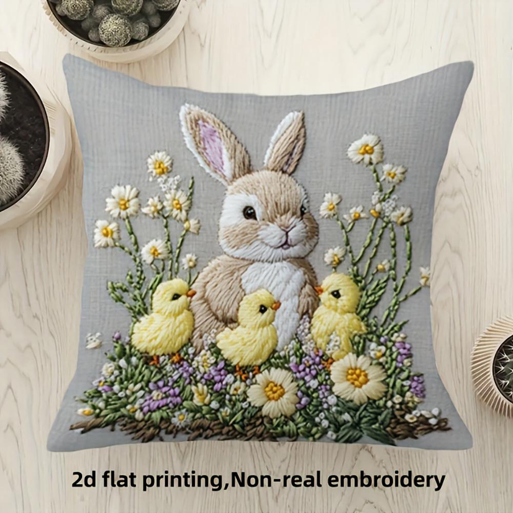 2D-Flat-1pc Easter 2D Printed Rabbit and Chick Pillowcase, Super Cute 2D Print, Single-sided Print