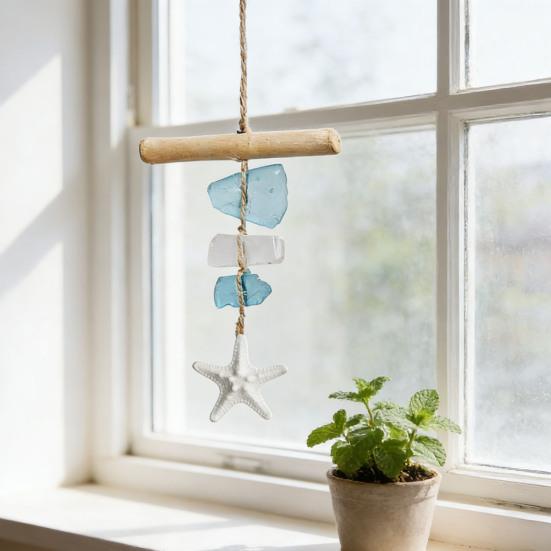 Seaglass Hanging Decoration Handmade Bohemian Coastal Nautical Starfish Sea Glass Art Home Office Beach House Wall Ornament Pendant