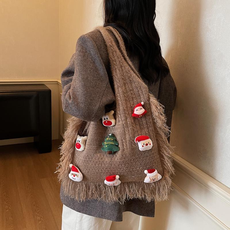 Korean Style Cute Cartoon Winter Yarn Shoulder Bag with Tassels - Versatile Large Capacity Tote