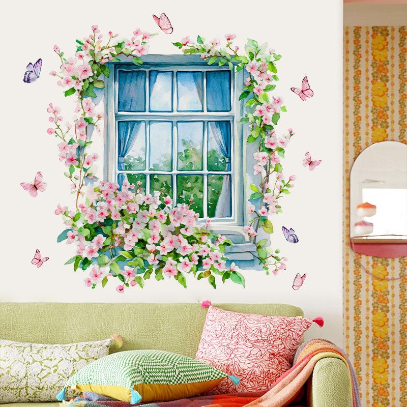 3D Fake Window Wall Sticker Self Adhesive Window Sill Flower Butterfly Decal for Living Room Bedroom Decoration Home Decor