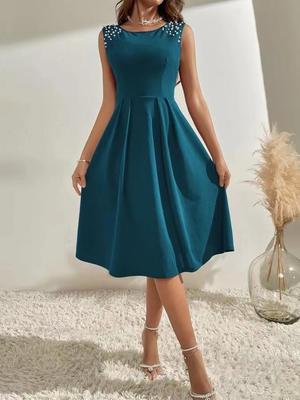 Vestido de Verano sin Mangas con Cuello Redondo y Abalorios Slim para Mujer - Estilo Europeo y Americano