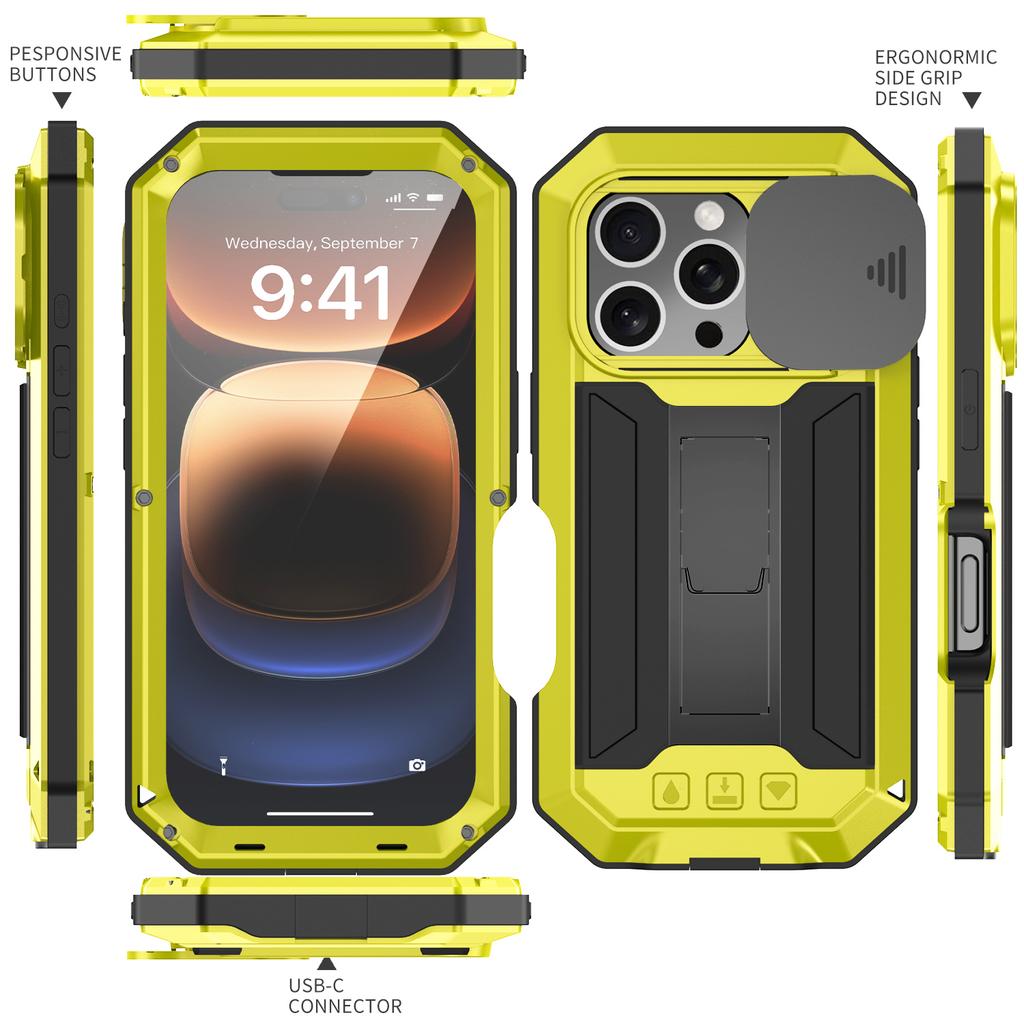 Military Heavy Duty Metal Case for IPhone 13 14 15 16 17 Pro Max Slide Camera Built-in Screen Protector Full Body Hybrid Cover