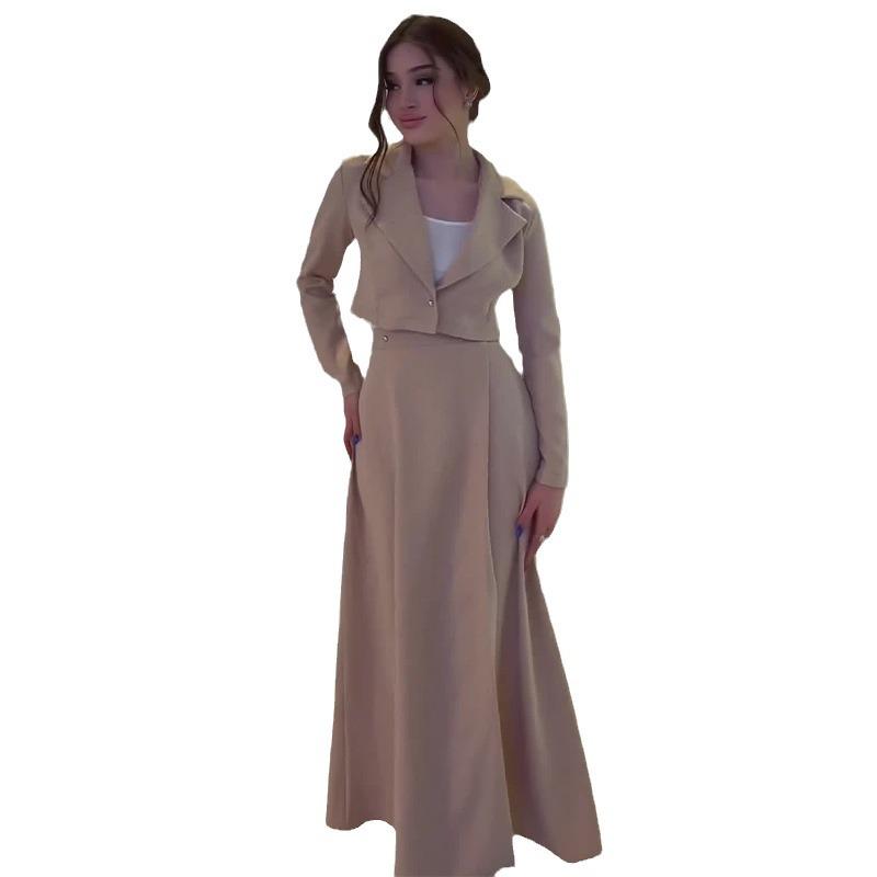 2024 Autumn European & American Turn-Down Collar Slim Fit Top and High Waist Midi Skirt Two-Piece Set