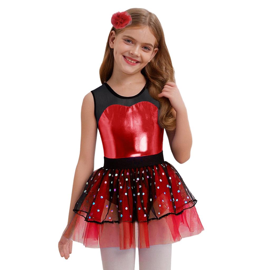 Sparkling Metallic Tutu Dress for Kids Girls: Sheer Mesh Patchwork Bodice with Tulle Skirt & Headpiece for Competition & Recital