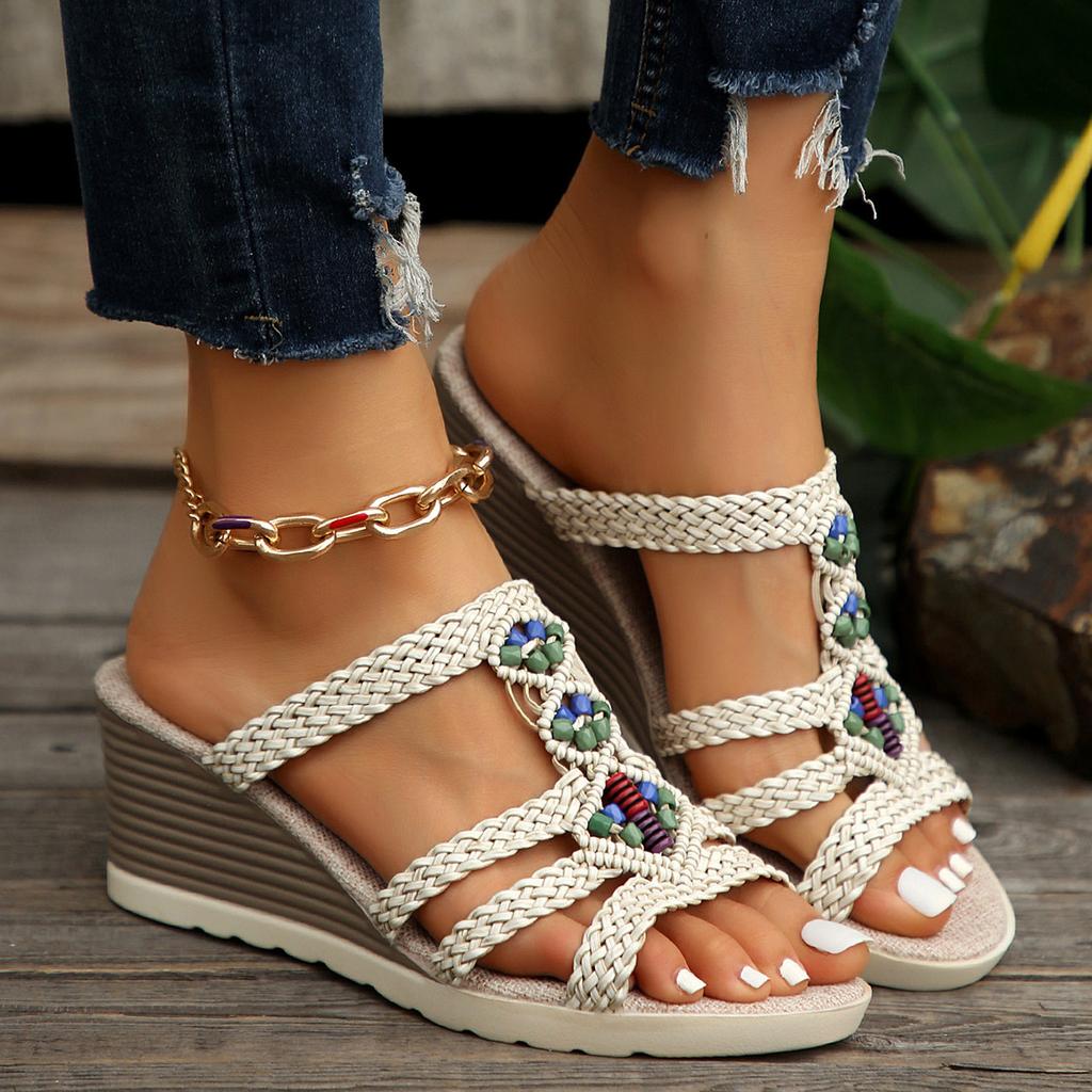 Plaid Thick-soled Slope Heel Cool Slippers Women's Summer New Light Outer Wear Beach Sandals