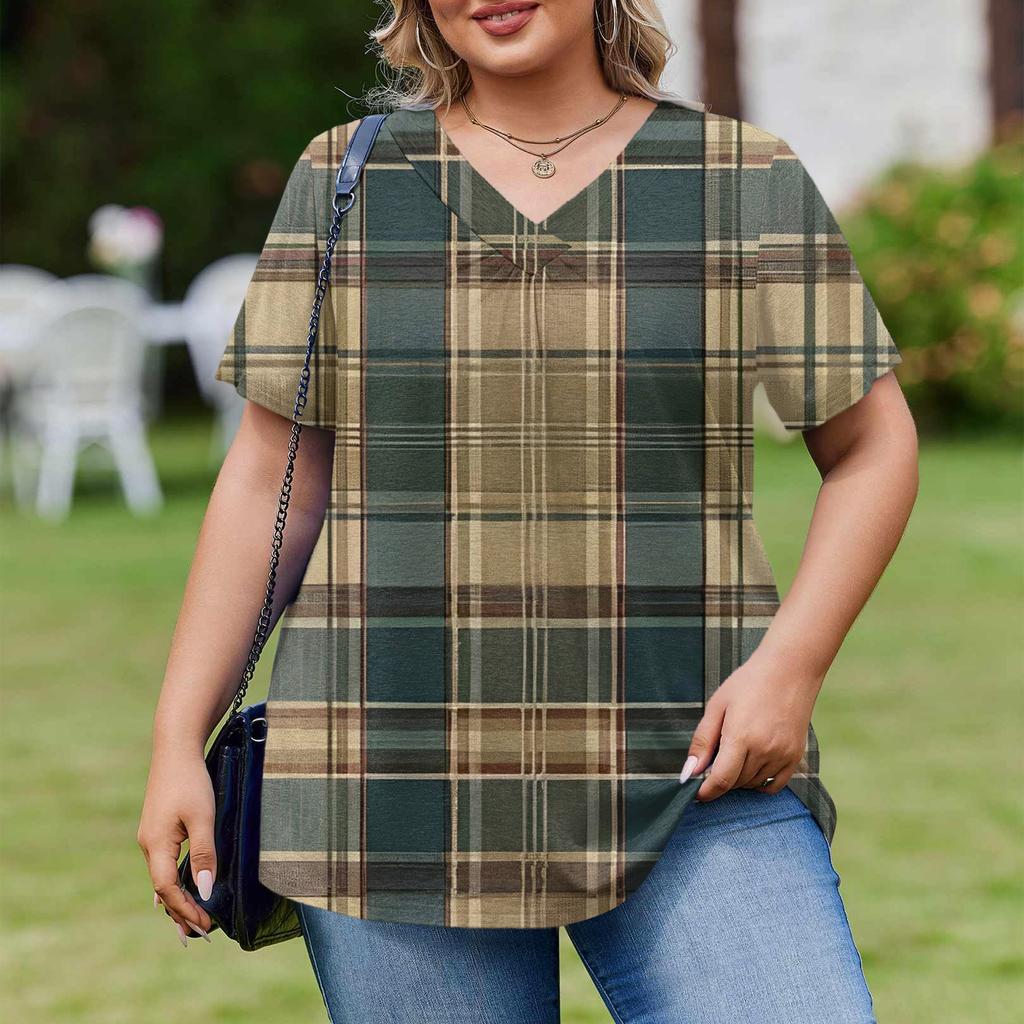 Women's Plus Size Fashionable Casual Loose-Fit Short Sleeve Elegant V Neck Blouse For Work