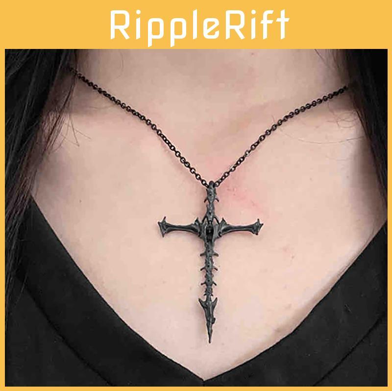 Black Gothic Unique Cross Skeleton Pendant Necklace Stylish Alloy Jewelry For Trendy Men Women And