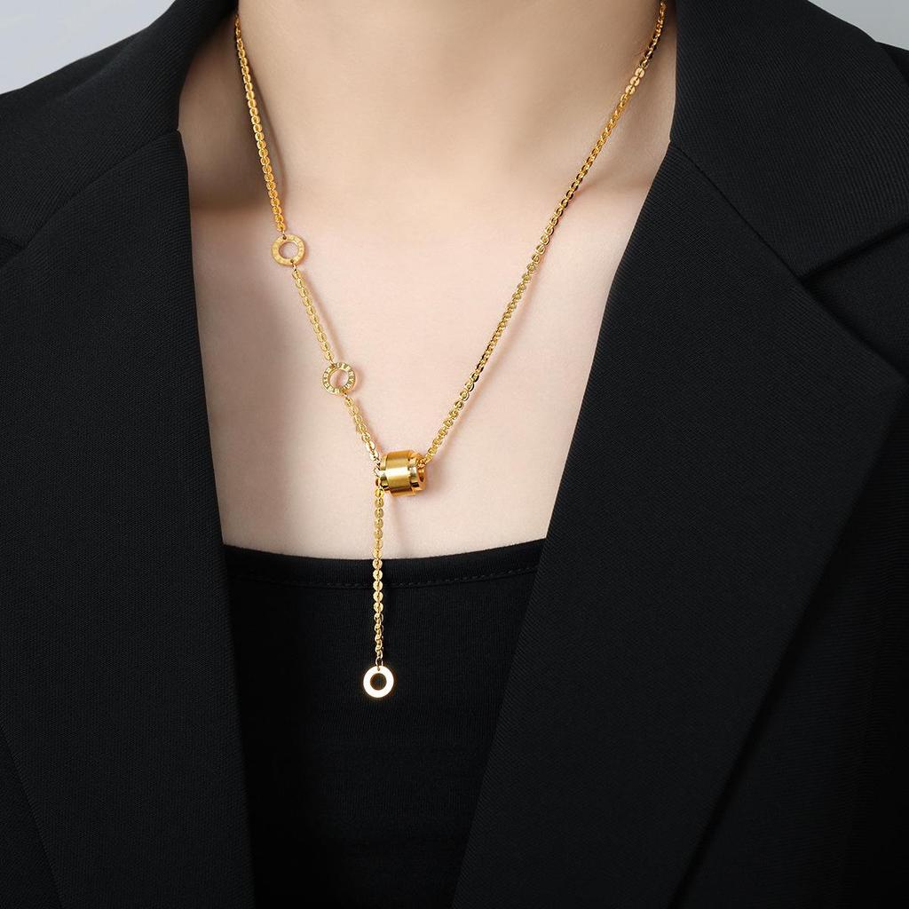 Brushed Roman Interlock Clavicle Chain: Luxury Titanium Steel Necklace for Women