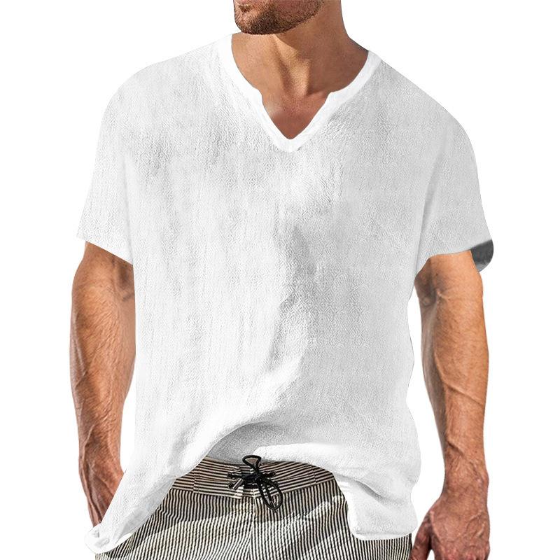 Mens Linen Cotton V Neck Short Sleeve Casual T Shirt M