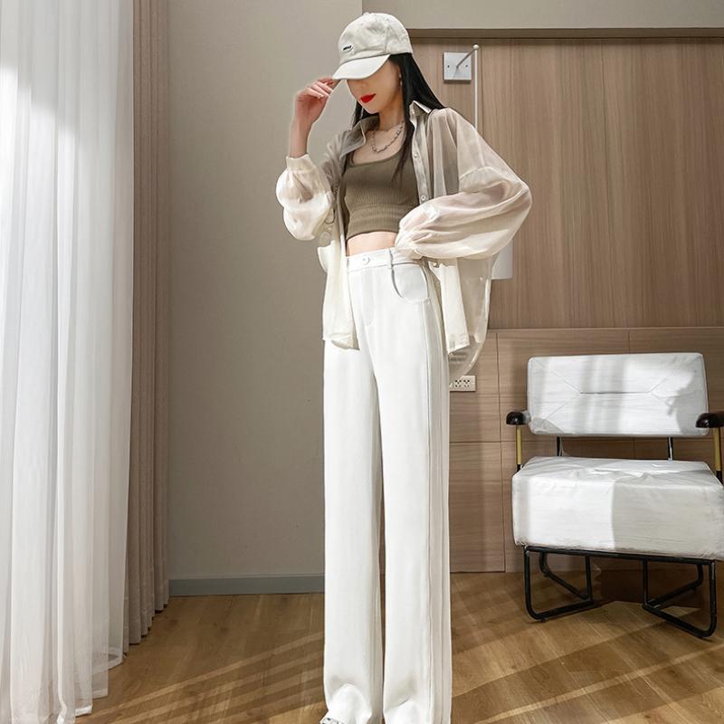 

Новые весенне-летние брюки с высокой талией, разрезом, широкими штанинами до пола, драпированные повседневные брюки-бананы, драпированные прямые брюки из ледяного шелка для женщин 5XL белый