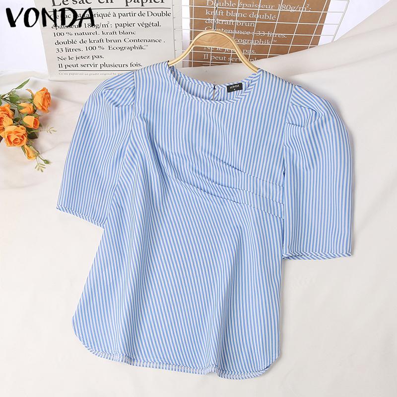 

VONDA S-5XL, летняя женская полосатая блузка, пышные футболки с короткими рукавами, повседневные мешковатые топы с круглым вырезом