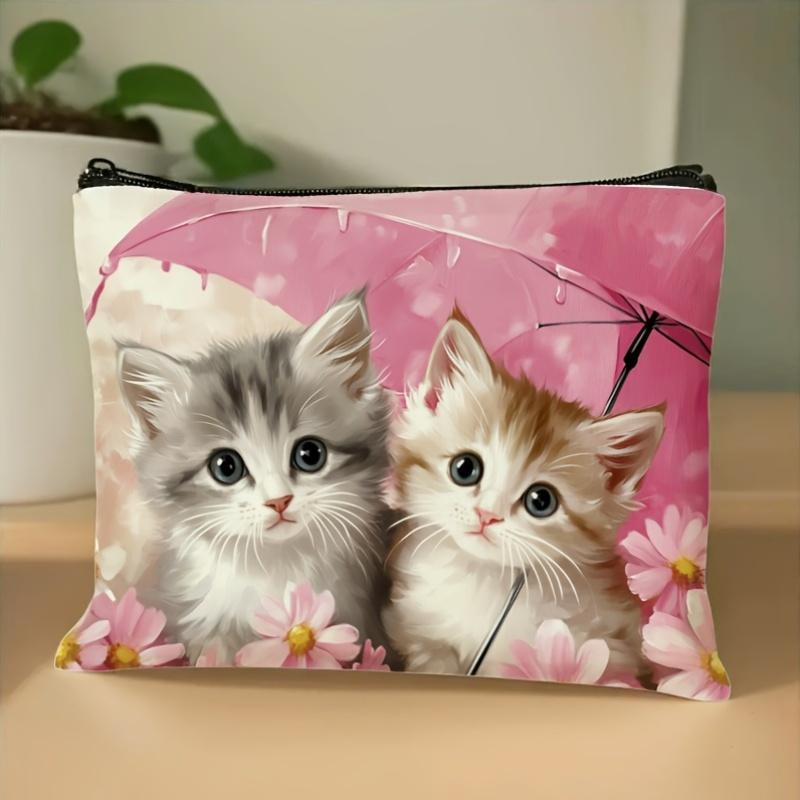 1pc Women'S Cute Cat Print Makeup Bag Sweet Fabric Cosmetic Organizer with Adorable Kittens and Floral Pattern Pouch