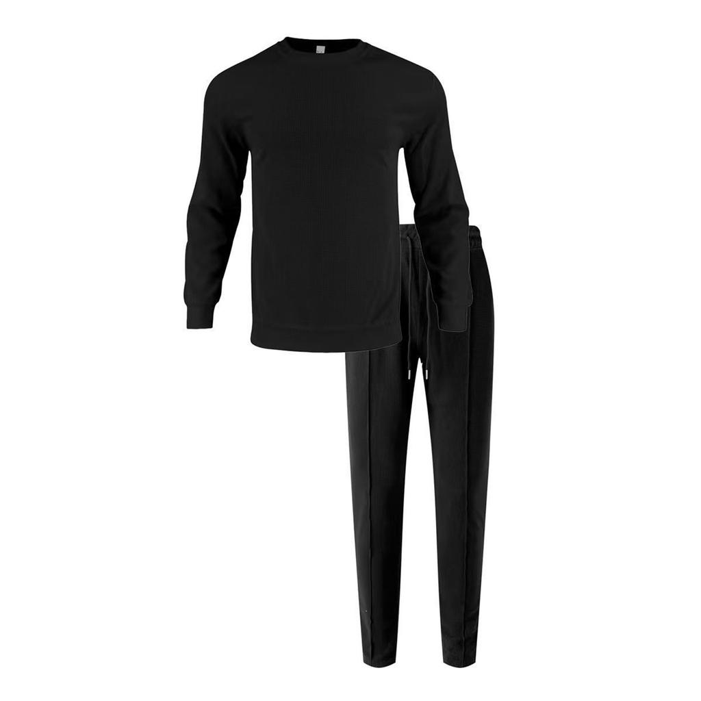 Men's Solid Color Pullover Long Sleeved Casual Sports Round Neck Top And Trousers Suit