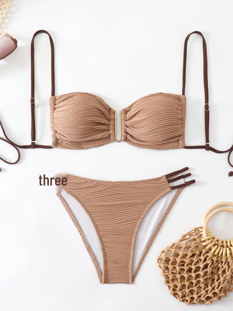 2025 European & American Strappy Backless Pleated Bikini Set – Solid Color Swimwear
