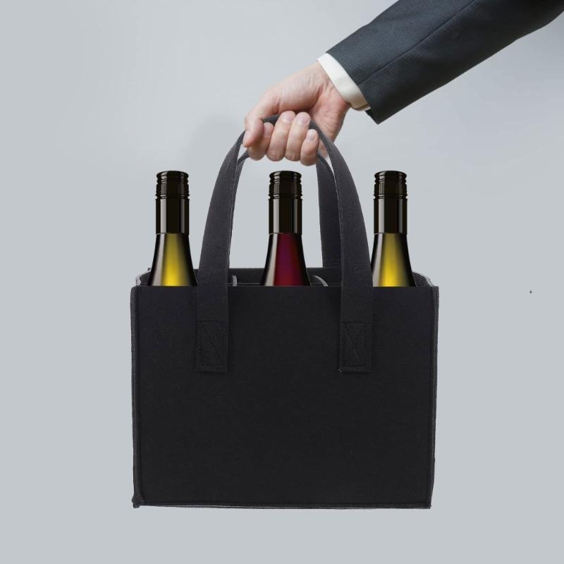 2 sztuki wielorazowych toreb na 6 butelek wina, filcowe, z ergonomicznym uchwytem do przenoszenia, uchwyty na wino, torba z przegródkami