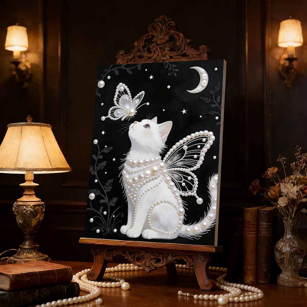 DIY White Cat Pearl Art Painting for Adults/Beginners Gift Home Decor Pearl Gem Paintings Picture Arts Craft 30x40cm Without Frame