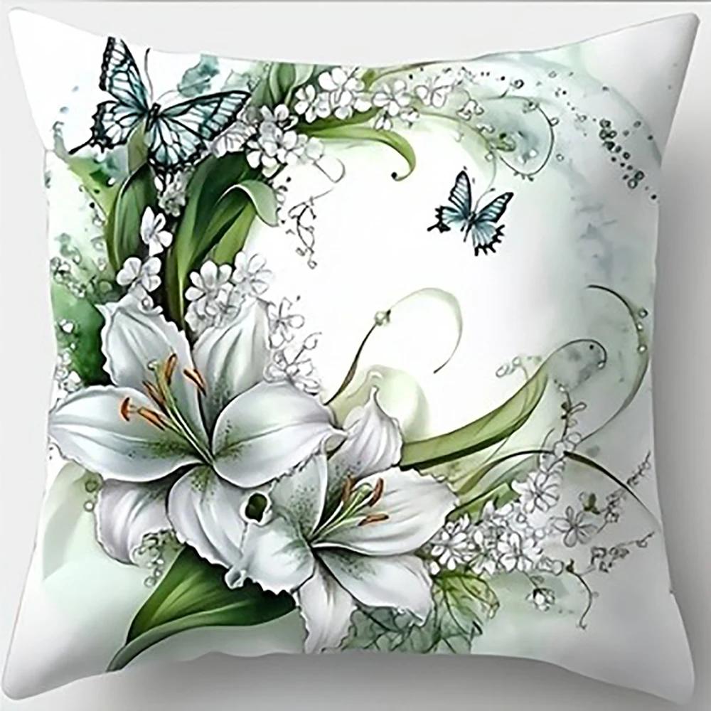 Lily Wreath And Butterfly Throw Pillow Coverbedroom Sofa Decorative Cushion Cover With Zipper Soft Cushion Cover