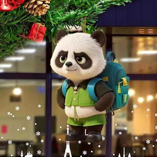 Panda Christmas Ornament 2D Acrylic Cartoon Panda Christmas Tree Hanging Ornament Cute Car Interior Accessories for Car Rear View Mirror Xmas