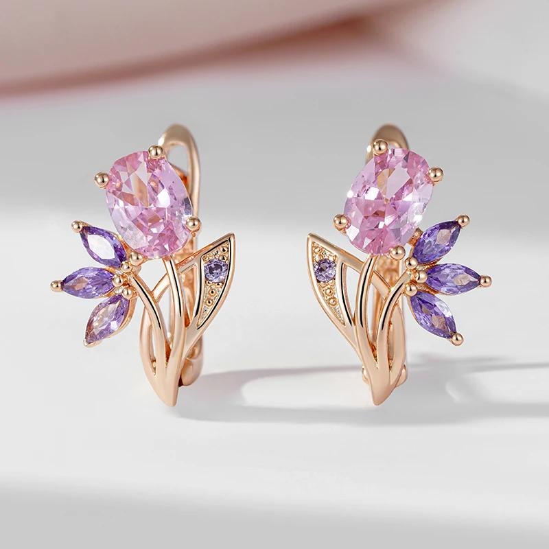 Purple Zircon Flower Drop Earrings For Women Trendy Jewelry Gold Color Bride Wedding Earrings