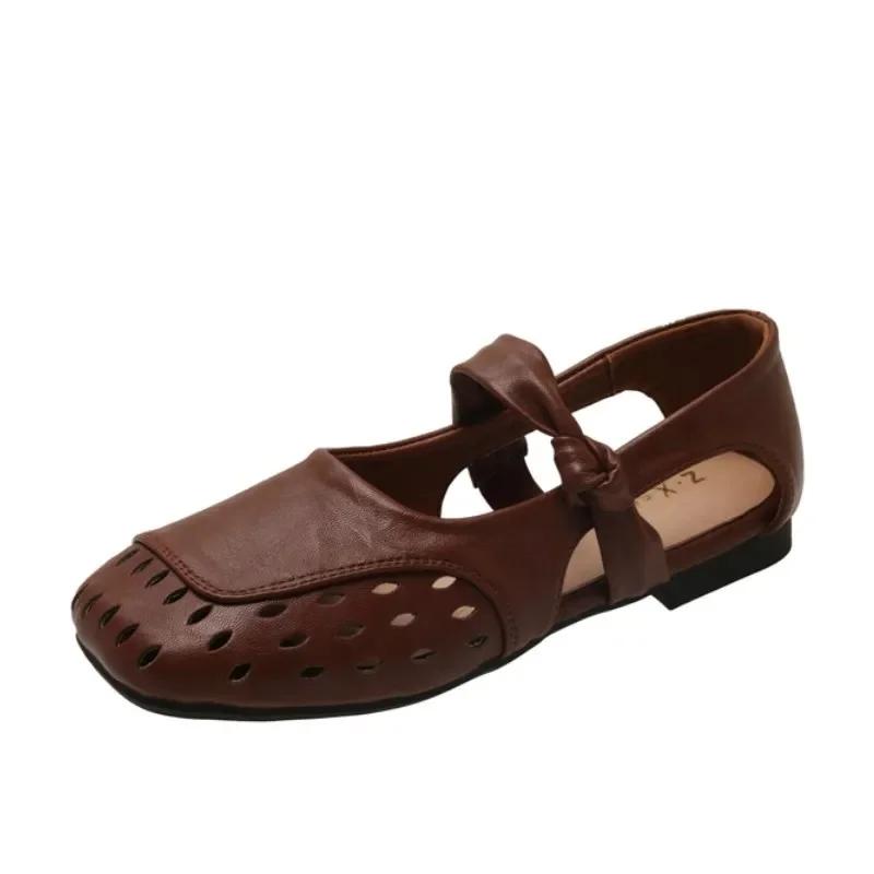 Women's Soft Bottom Mary Jane Sandals Summer Hollow Out Flat Ballet Style Shoes Korean Style Solid Color Slip-On Single Shoes