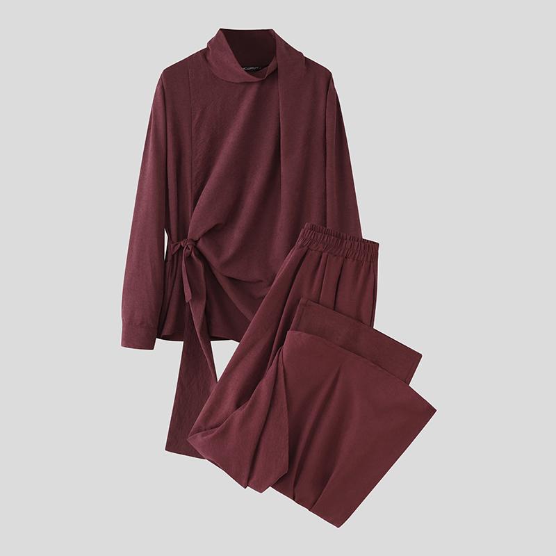 

INCERUN 2PCS Men High Neck Long Sleeve Twisted T-shirt Long Ruffled Layers Pants Culottes Sets Outfits 3XL