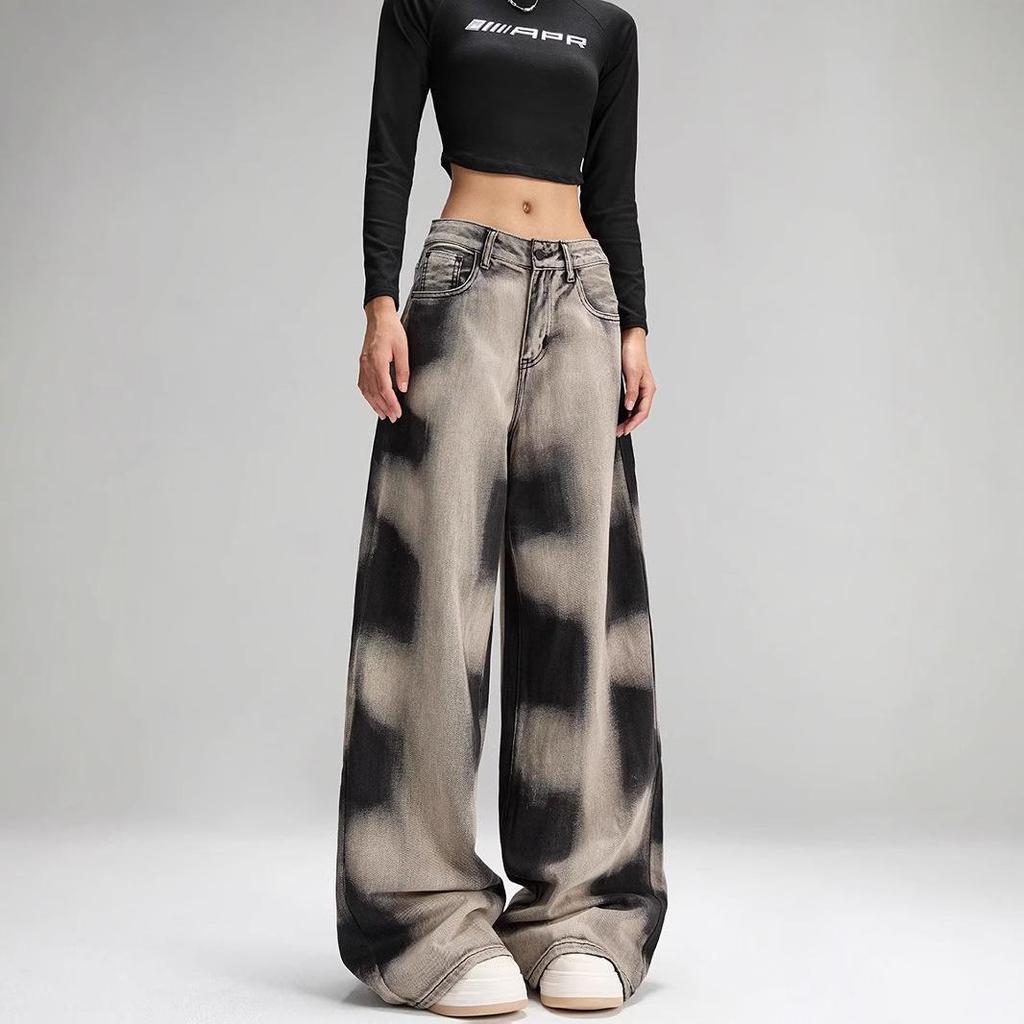 2025 Spring High Waist Wide Leg Retro Tie-Dye Distressed Women's Jeans
