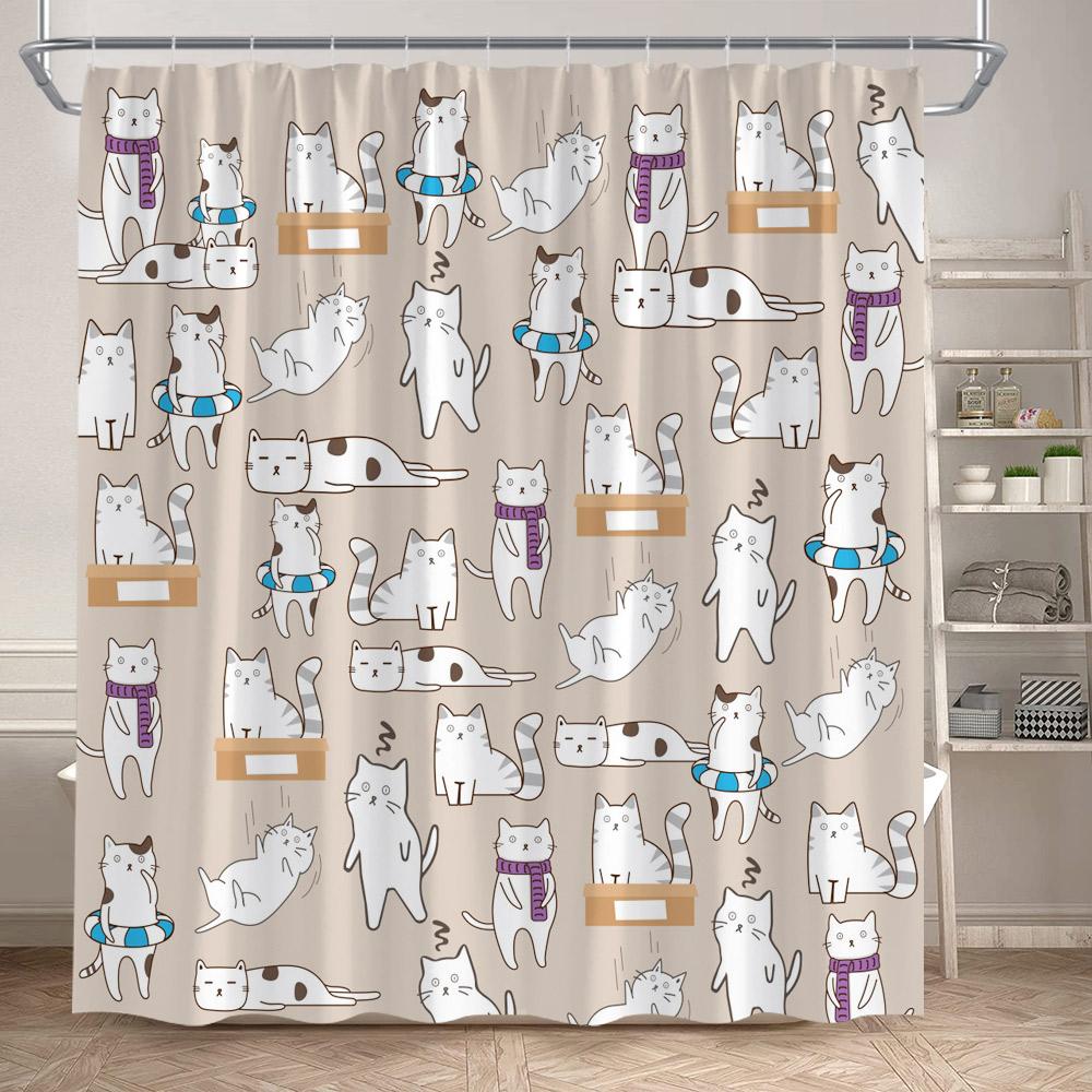 Funny Cats Shower Curtains Cute Cartoon Animal Pet Floral Bath Curtain Set Polyester Fabric Black Bathroom Decoration with Hooks