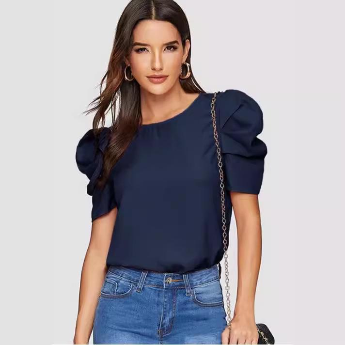 Damen 2024 Slim Einfarbiges Laternenärmel-Top