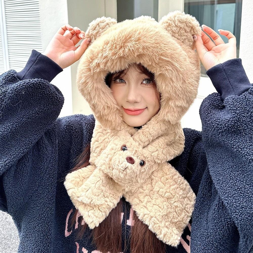 Cartoon 2 in 1 Plush Scarf Warm Winter Neckerchief Cute Bear Ear Hat  Ski