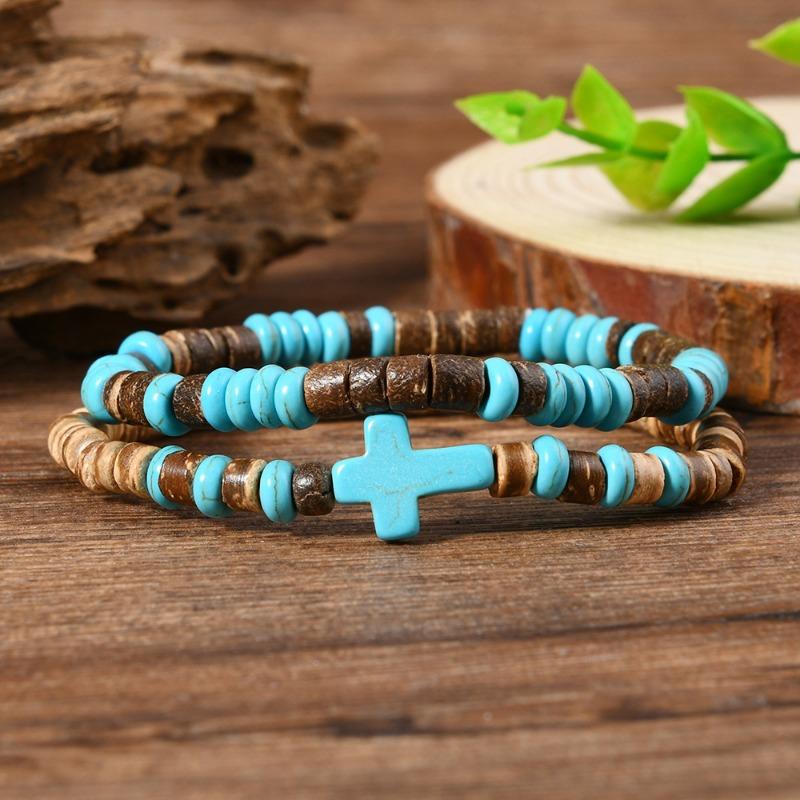 

Новый браслет из бирюзы и кокосовой скорлупы на эластичной леске для мужчин синий