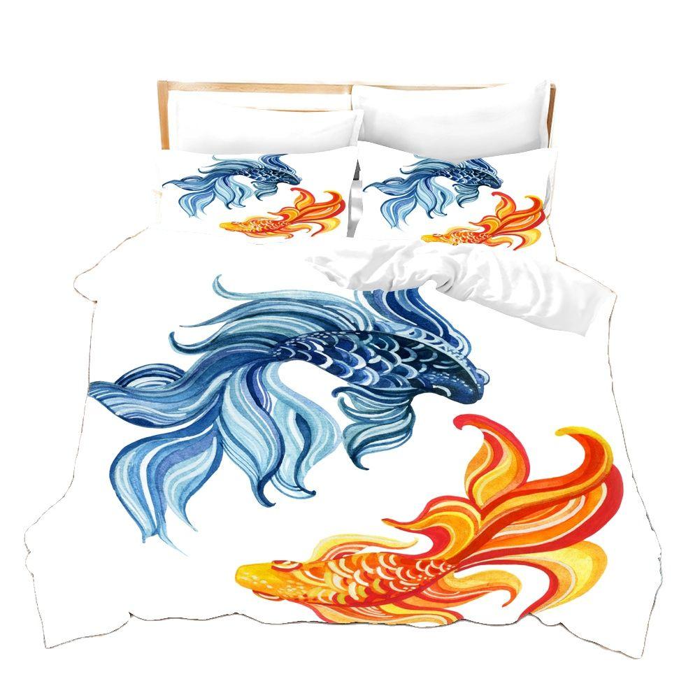 3D Printed Cartoon Fish Photo Chinoiserie Bedding Set Down Quilt Cover With Pillowcase Double Complete  King