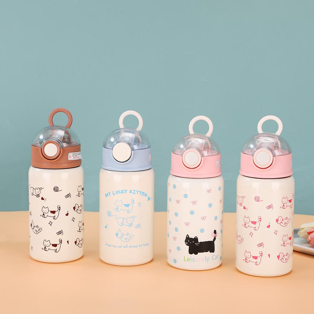 New Cartoon Kitten Pattern Straw Cup Stainless Steel Vacuum Cup Outdoor Portable Cup