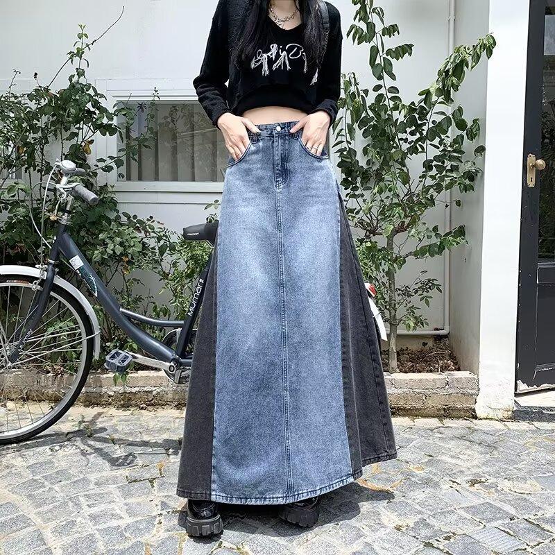 Fustă midi A-line din denim patchwork retro - Primăvara 2025 Design color block subțiere pentru femei