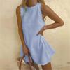 Women Round Neck Scallop Trim Sleeveless Mini Dress