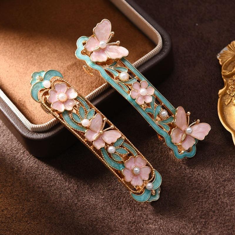 1Pc Small Chinese Style Glazed Butterfly Flower Hollow Hairpin Edge Clip Antique Butterfly Love Flower Spring Clip Female