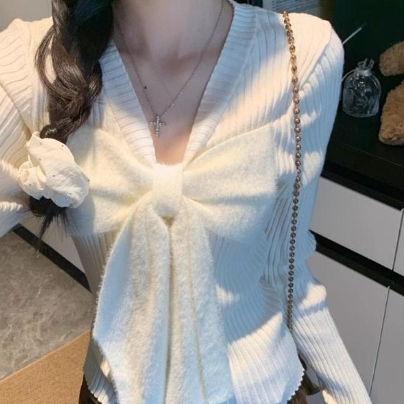 Women's Autumn & Winter Korean Style White Long Sleeve Knit Base Layer Sweet Spicy Girl Bow Sweater Slim-Fit Inner Wear Short Top