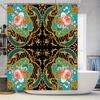 Vintage Baroque Floral Printed Shower Curtain for Bathroom Decor Black Background with Gold Trim.