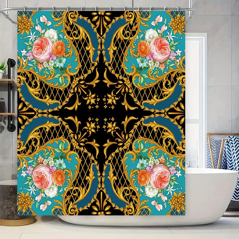 Vintage Baroque Floral Printed Shower Curtain for Bathroom Decor Black Background with Gold Trim.