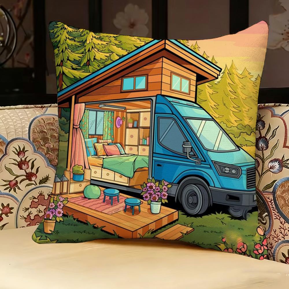 Happy Camper Cartoon House Pillow Case Pillowcase, Double-sided Printed, Sofa Cushion, Bedroom Headboard Pillow