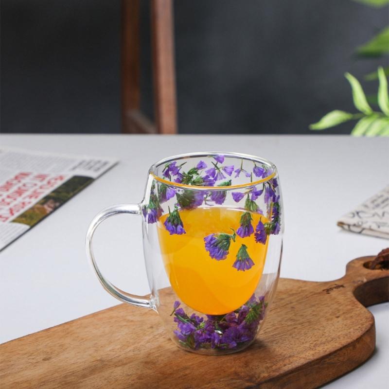 Double-layer Glass Mugs with Dry Flower and Handle for Coffee, Cocktails Elegant Glasses Cup for Entertaining Guest