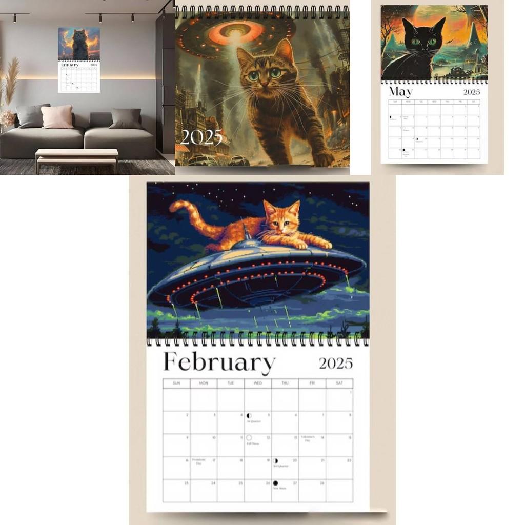 Adorable 2025 Cosmic Cat Wall Calendar With 12 Months Spiral Binding For Home Dcor