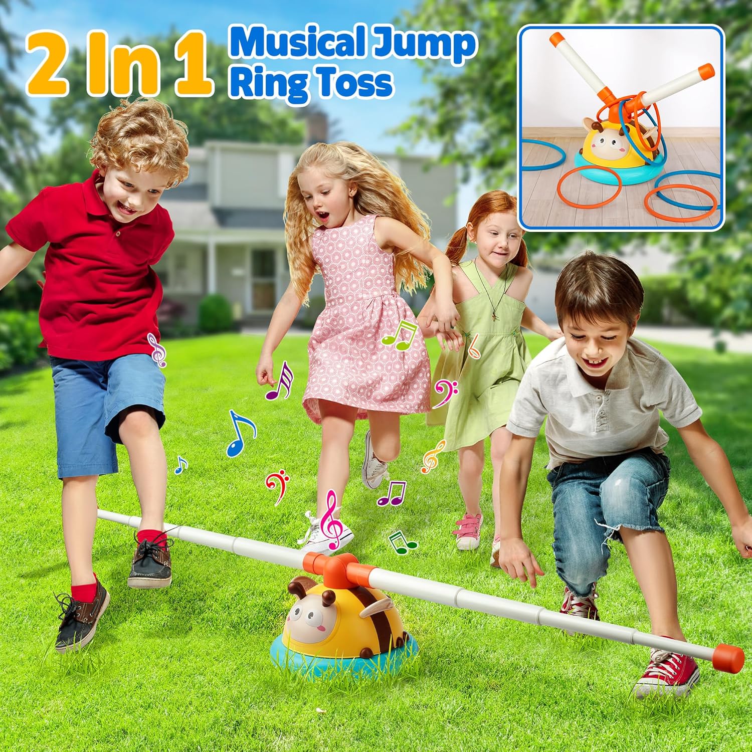 2-in-1 Musical Jump And Toss Ring Game Toy Ladybug Exercise Machine Children's Sensory Training Remote Controlled Outdoor Toys giallo