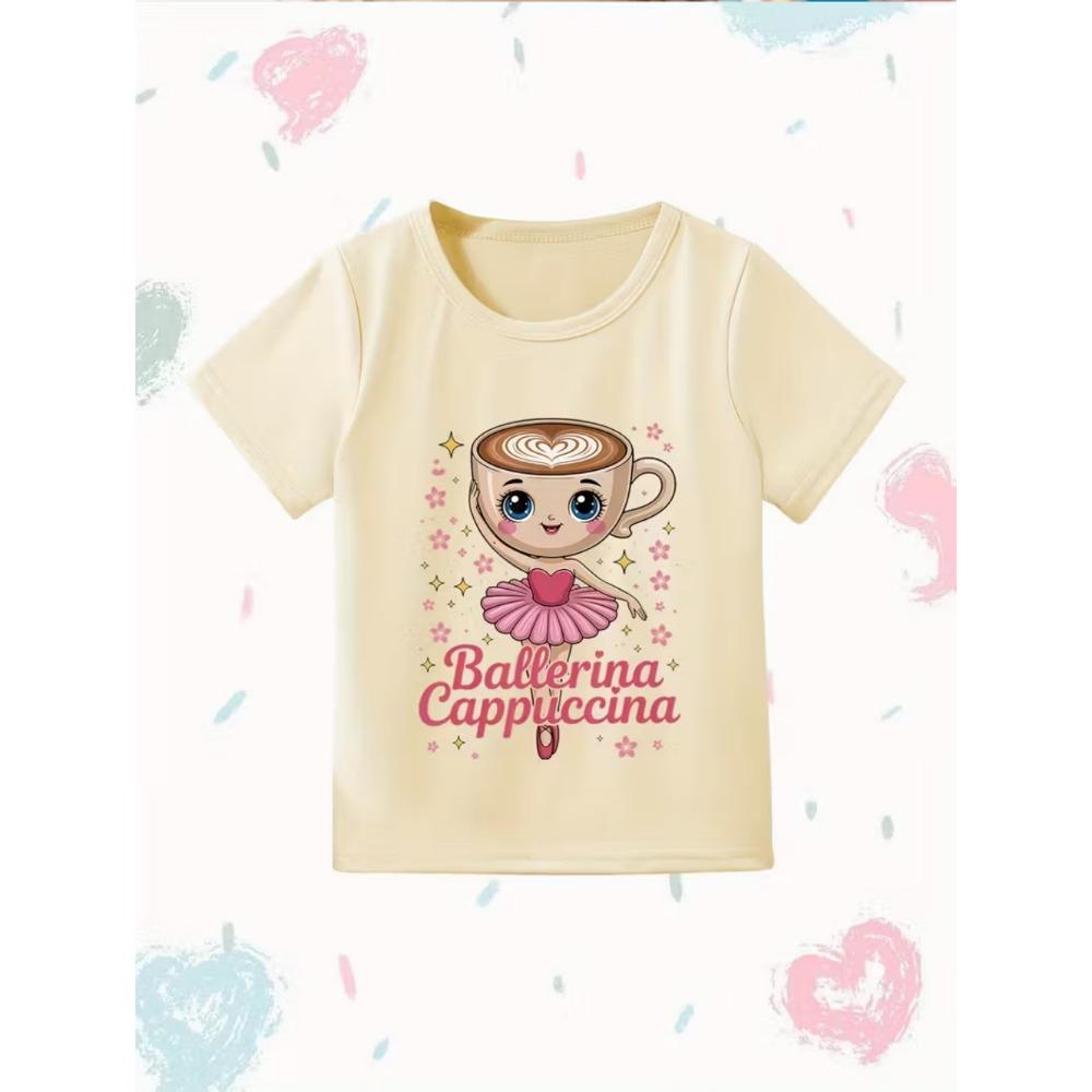Ballerina Cappuccina Mädchen T-Shirt Italienischer Brainrot Lustige Kinder T-Shirts Sommermode Kurzarm Tops für Kinder Niedliche Kleidung