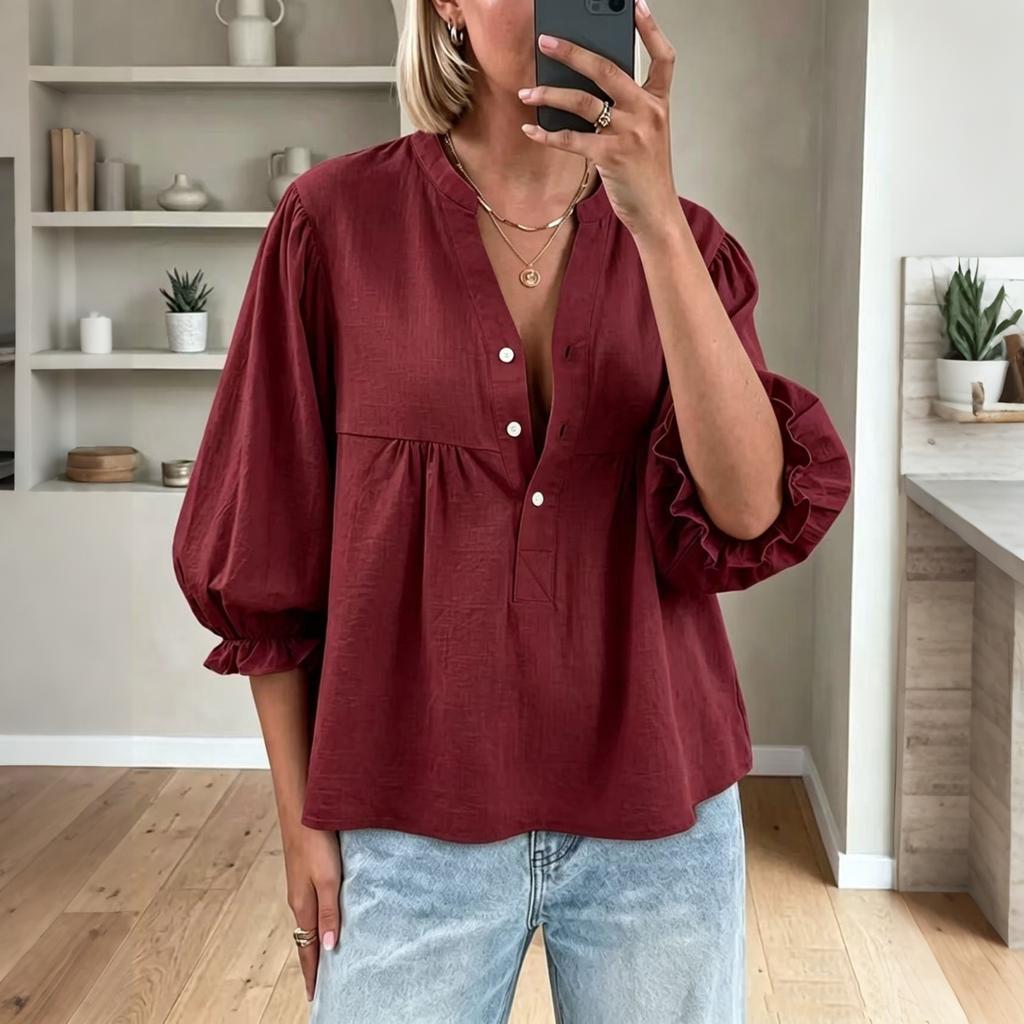Women's Button Front Blouse Linen Cotton Blend Balloon Sleeves Puff Sleeve Top Casual Loose Fit Shirt