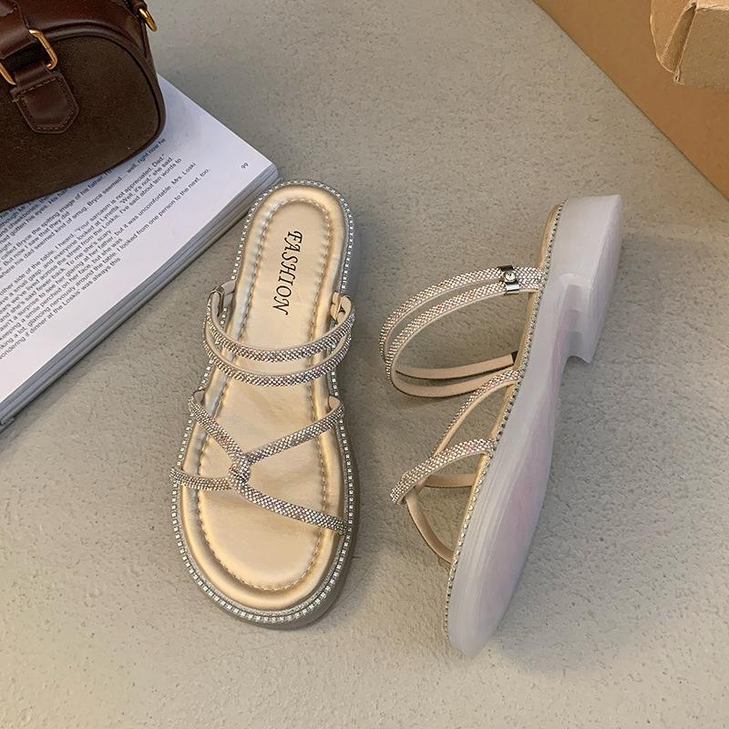 Sandals Girl 2025 New Women's Cool Slippers Summer Wear French Fairy Style Flat-bottomed Rhinestone Sandals
