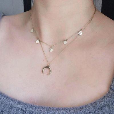 Fashion Jewelry for Women Double Layer Necklace Moon Round Flake Geometric Pendant Collar Choker Neckchain Korea Chain Necklace